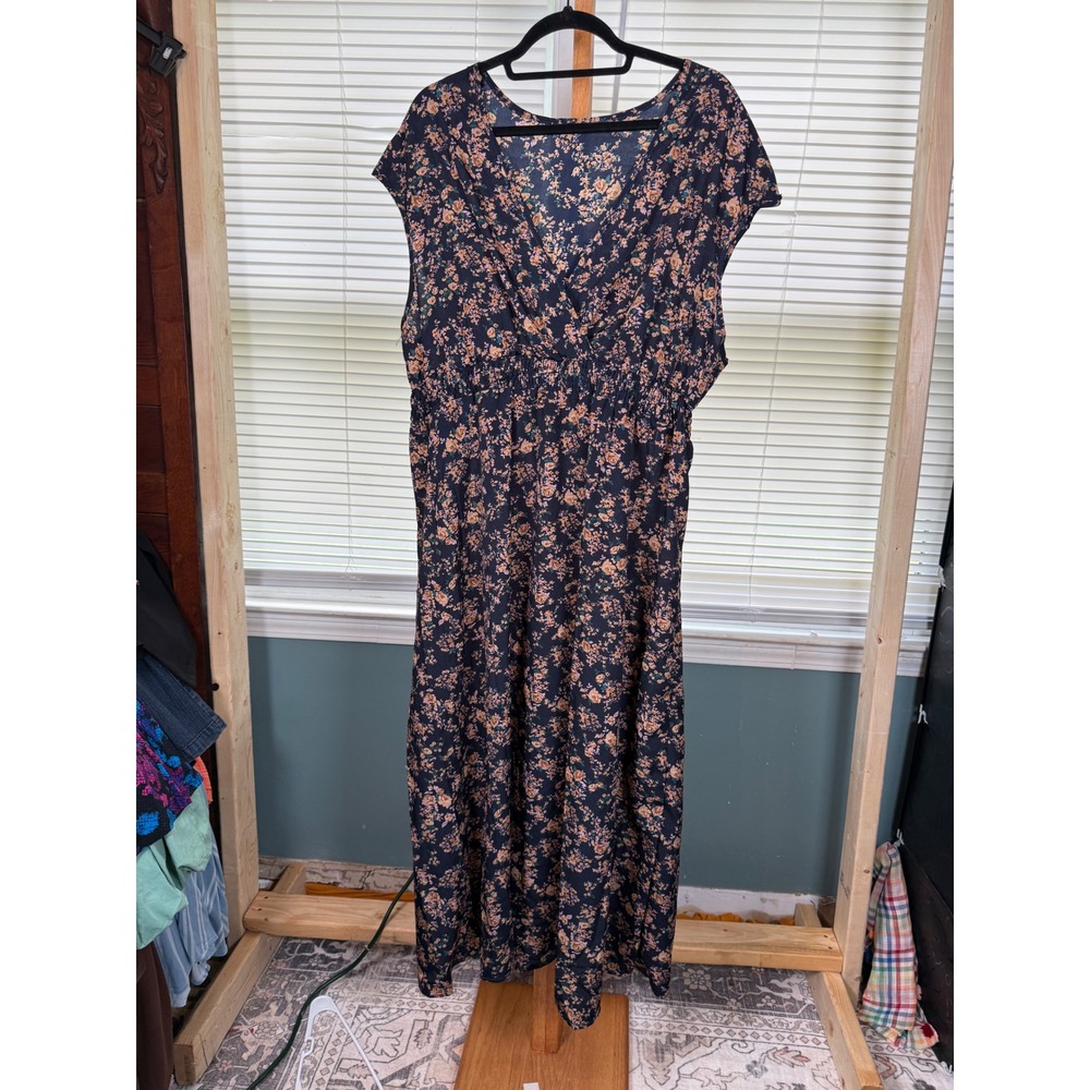 Floral V-Neck Maxi Dress Navy Blue Tan Rose Print Elastic Waist 2XL
